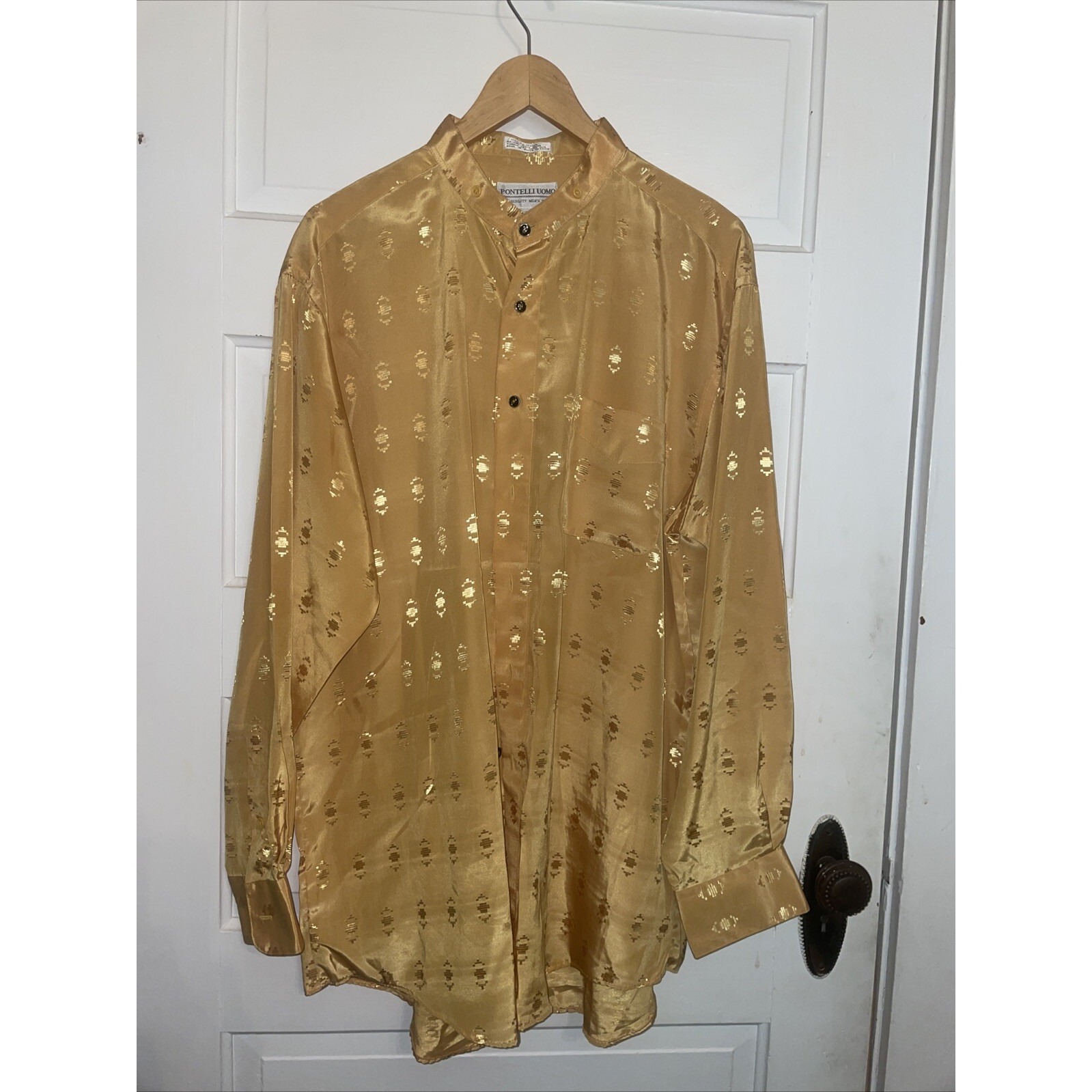 Vintage Pontelli Uomo Gold Button Up Mock Neck Dress Shirt Xl 17-17 1/2